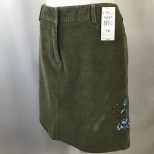 Nine & Co. Olive Green Midi Skirt with Blue Floral Embroidery
